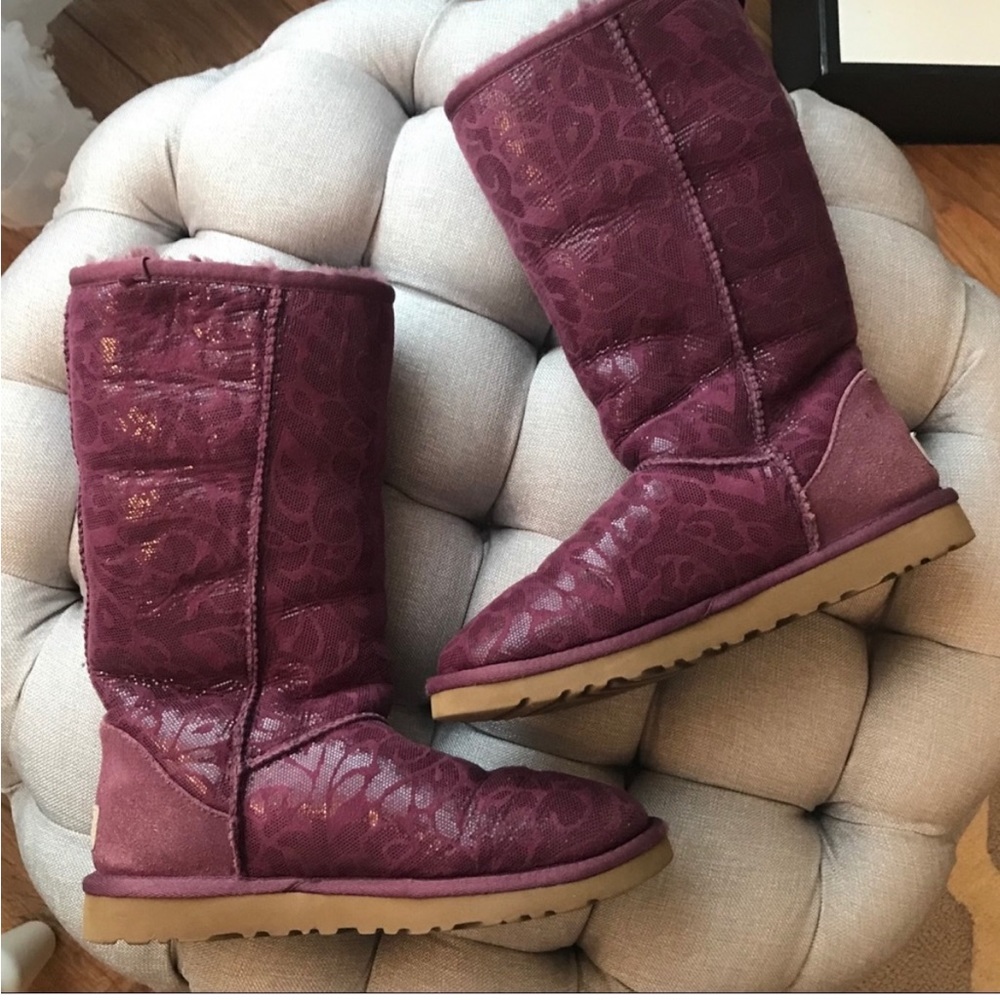 UGG Flora Tall Boots Purple Paisley Limited Edition Shearling Lined Size 6